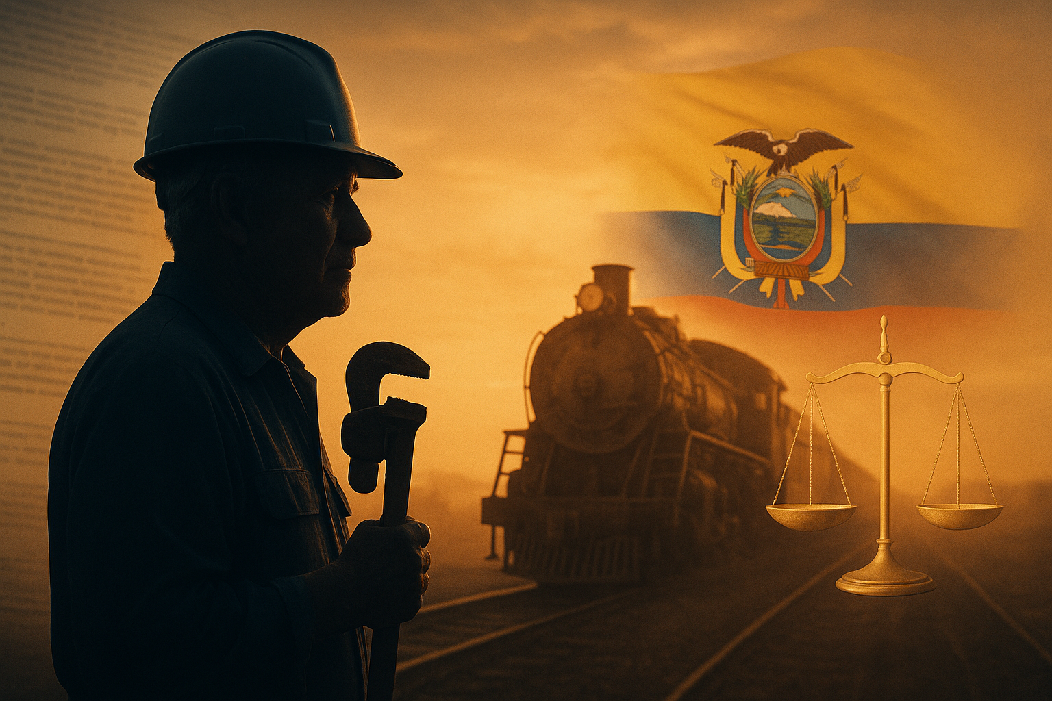 Silueta de un trabajador ferroviario ecuatoriano mayor con casco y herramientas frente a una locomotora histórica, con la bandera del Ecuador y una balanza de justicia, en tonos cálidos y estilo profesional para blog jurídico.