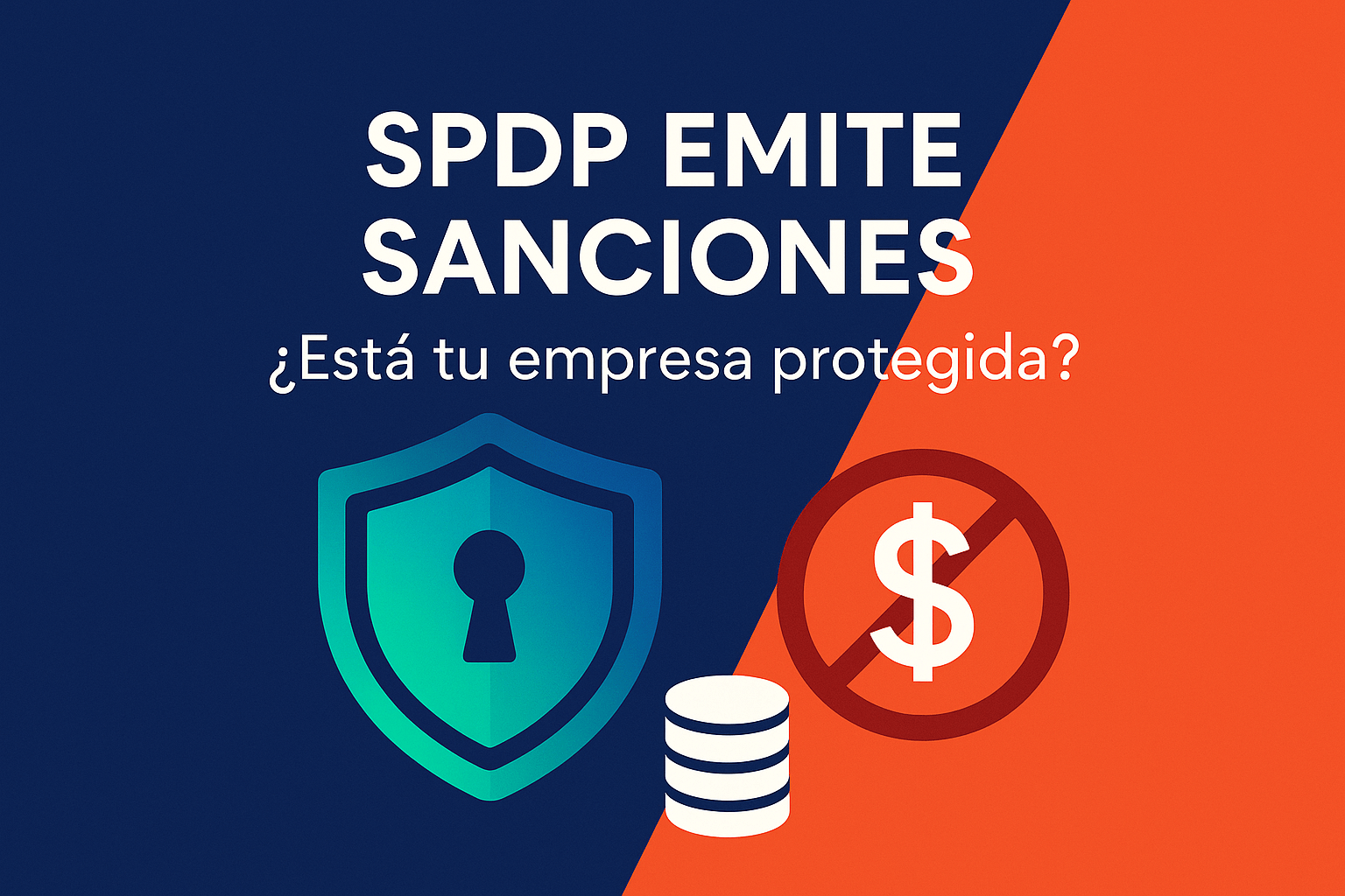 Imagen corporativa que muestra un escudo azul de protección y un símbolo de sanción en rojo, con el texto "SPDP emite sanciones, ¿Está tu empresa protegida?" relacionado con la protección de datos en Ecuador.